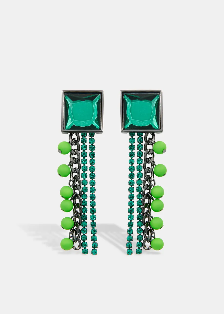 Puces d'oreilles à brins en chaîne ornés de strass et de perles argentées et vertes