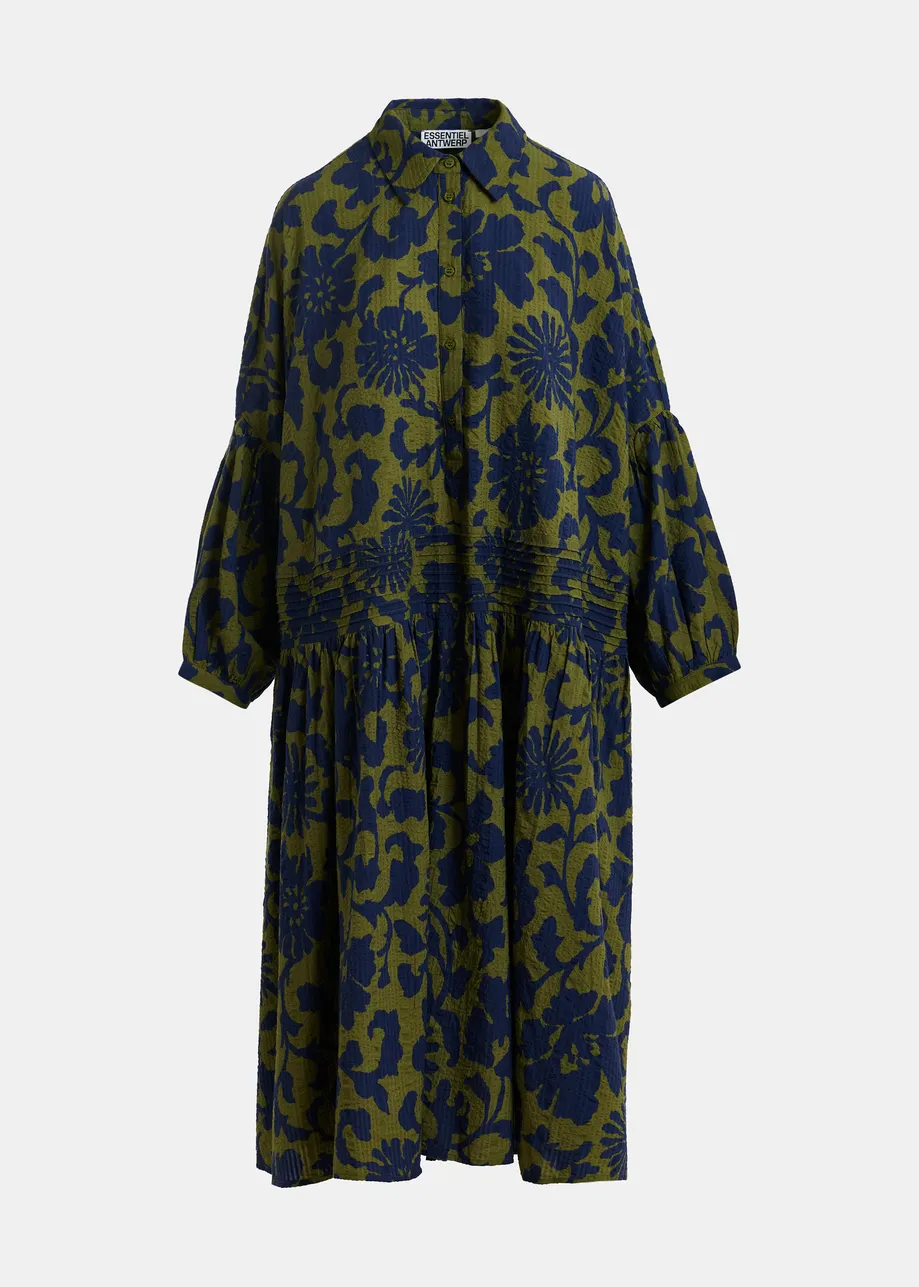 Green and dark blue floral print shirt dress with pleated waist