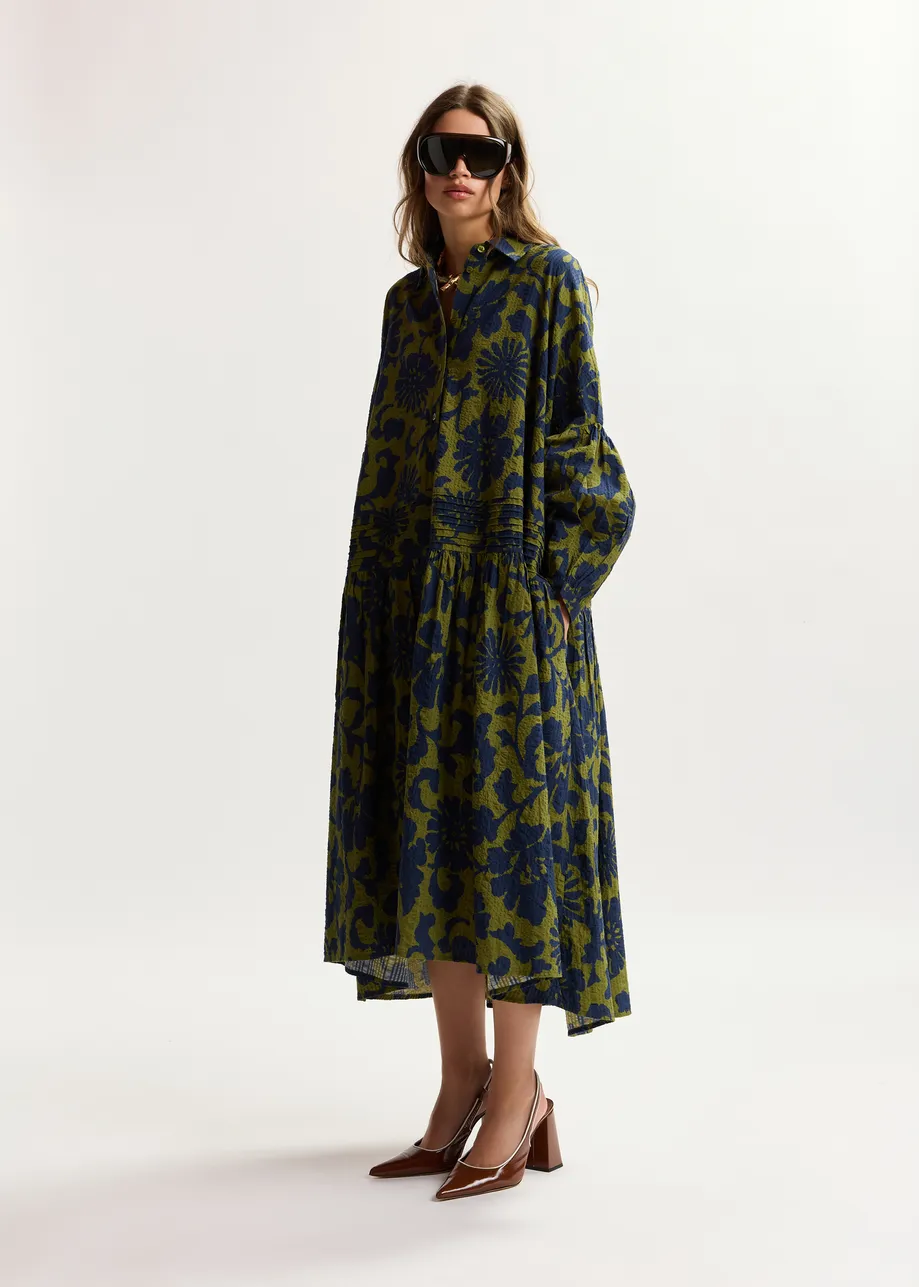 Green and dark blue floral print shirt dress with pleated waist