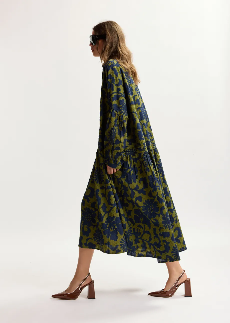 Green and dark blue floral print shirt dress with pleated waist