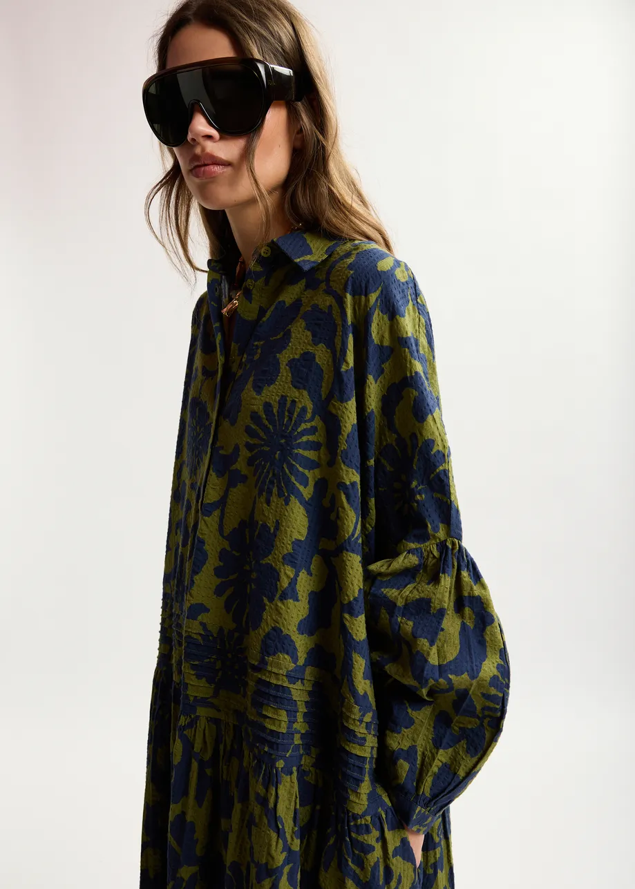 Green and dark blue floral print shirt dress with pleated waist