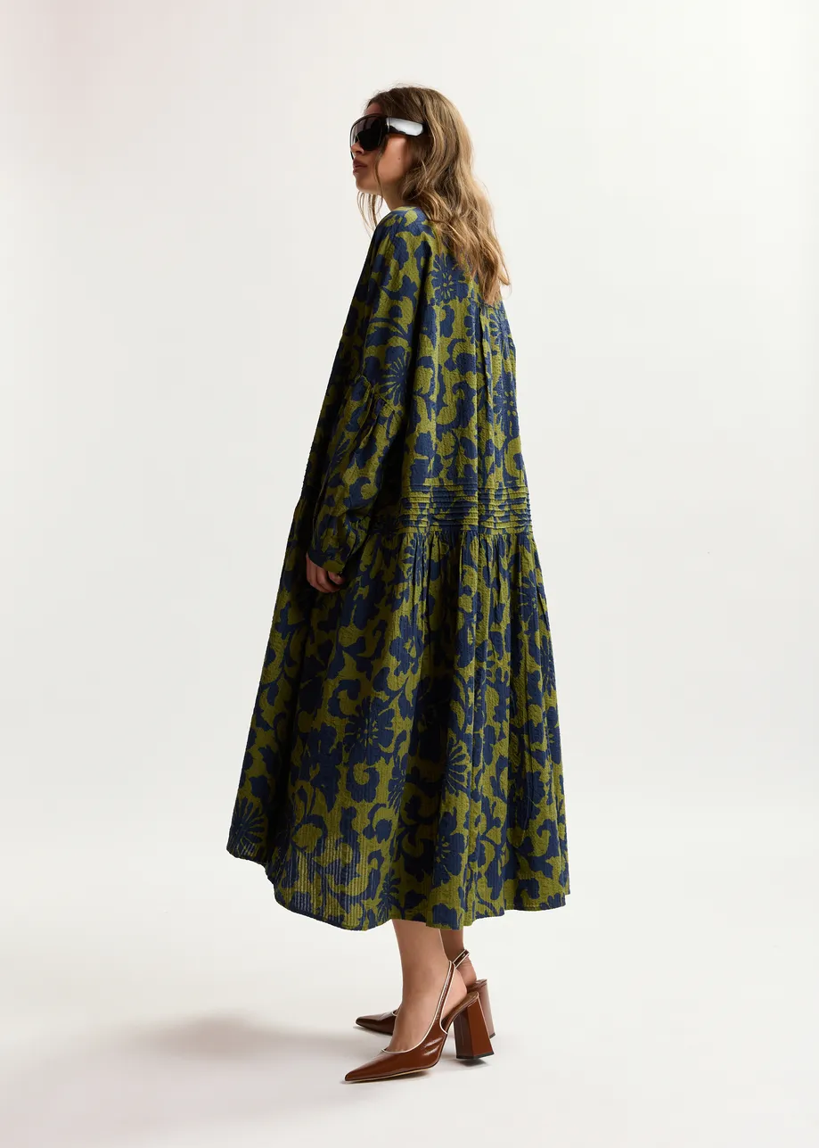 Green and dark blue floral print shirt dress with pleated waist