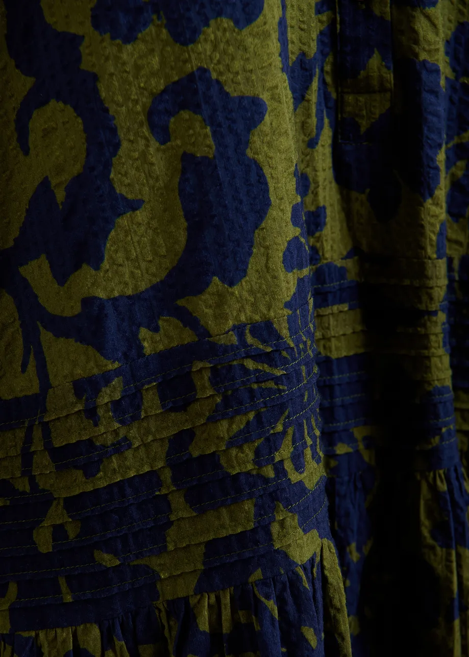 Green and dark blue floral print shirt dress with pleated waist