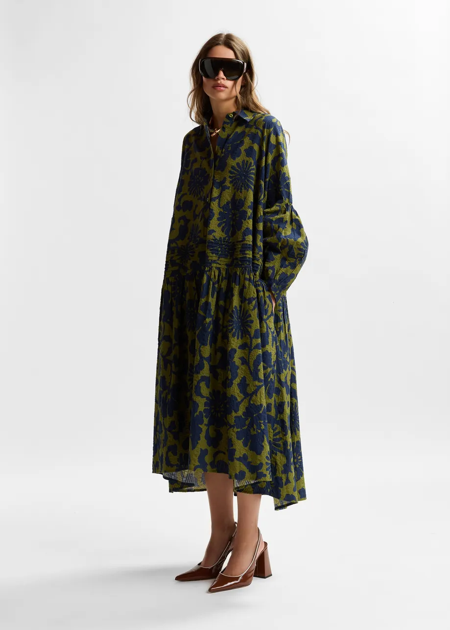 Green and dark blue floral print shirt dress with pleated waist