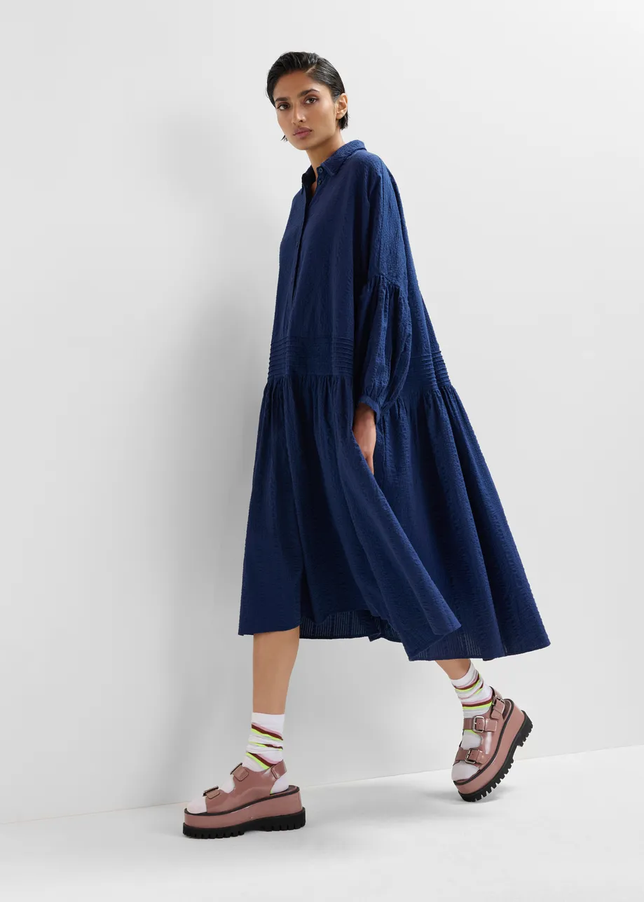 Dark blue shirt dress with pleated waist