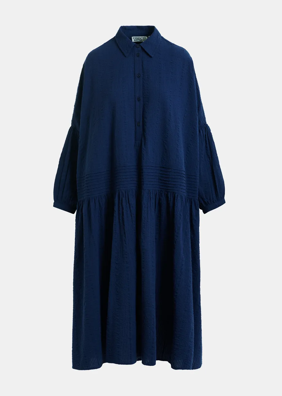 Dark blue shirt dress with pleated waist