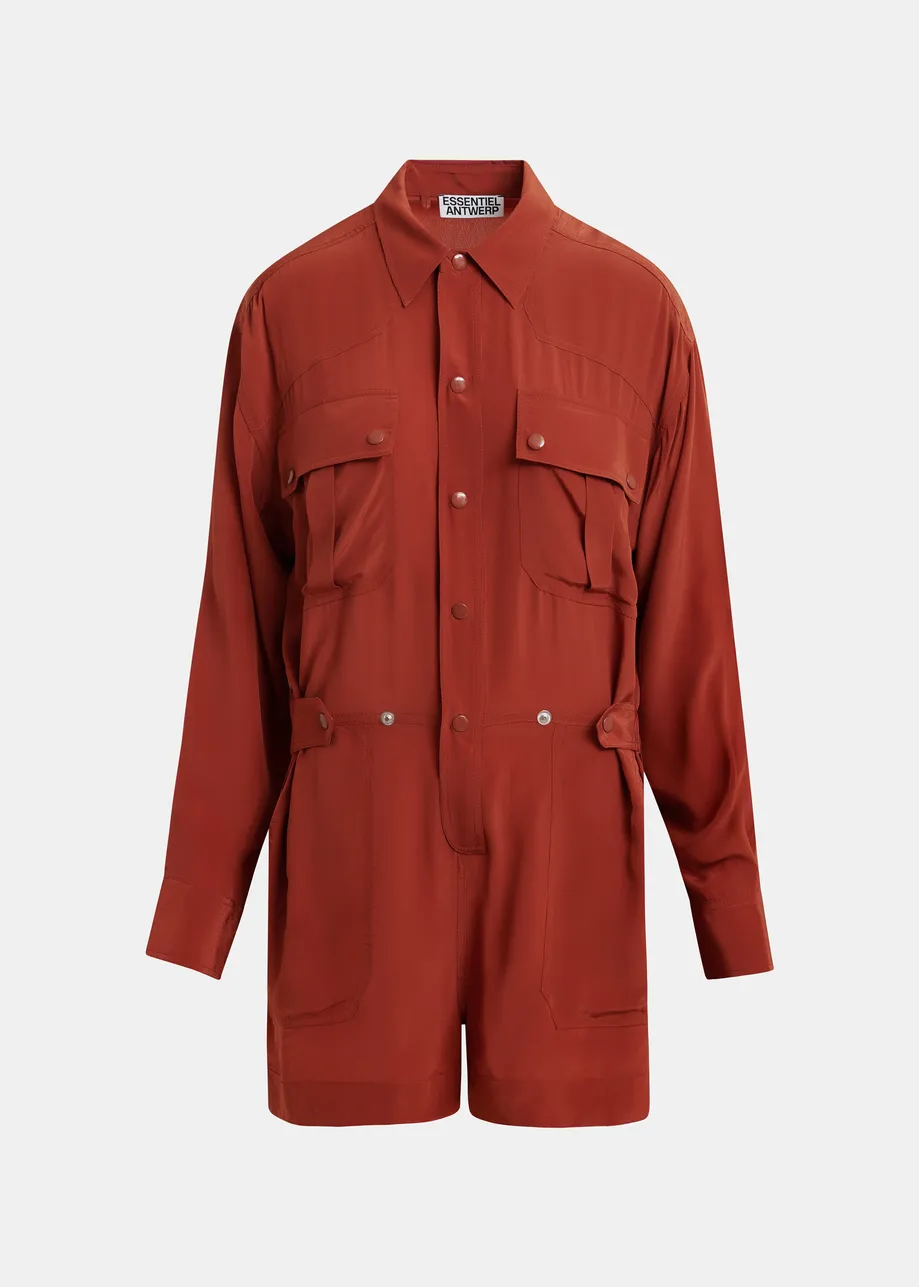 Burned red oversized playsuit with overlay maxi skirt