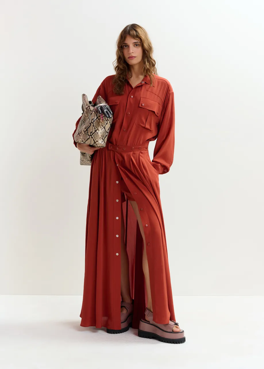 Burned red oversized playsuit with overlay maxi skirt