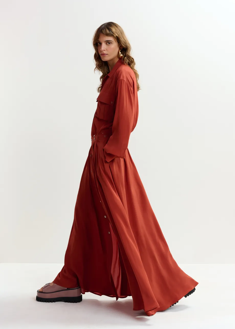 Burned red oversized playsuit with overlay maxi skirt