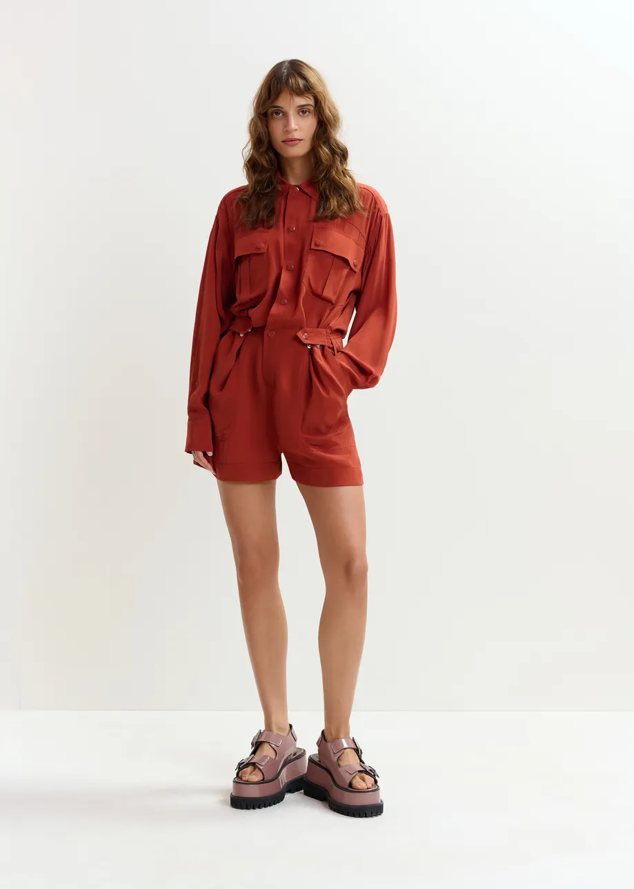Burned red oversized playsuit with overlay maxi skirt