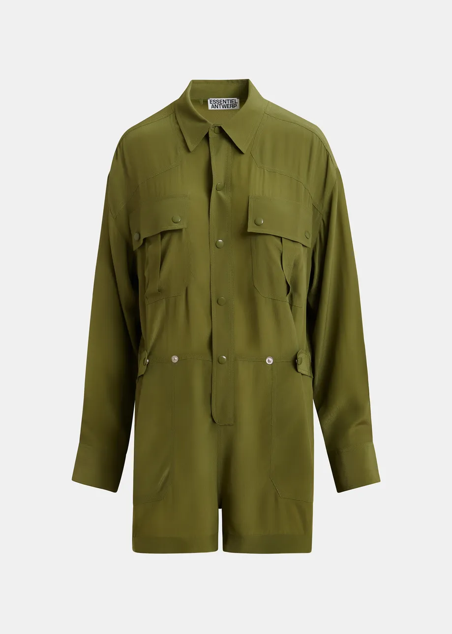 Olive green oversized playsuit with overlay maxi skirt