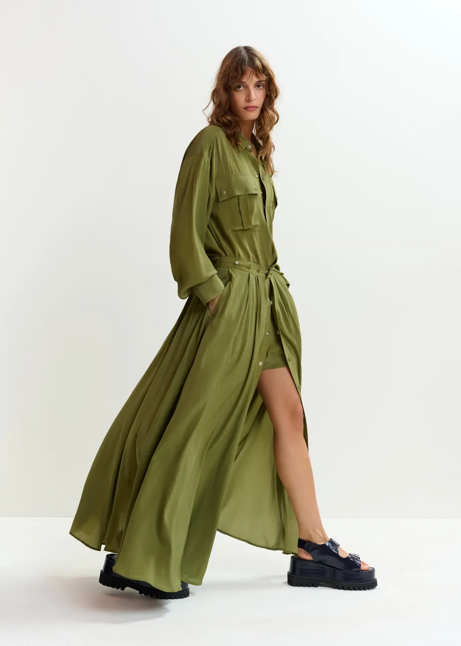 Olive green oversized playsuit with overlay maxi skirt