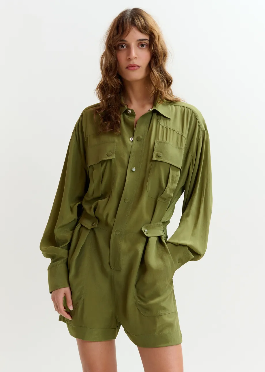 Olive green oversized playsuit with overlay maxi skirt