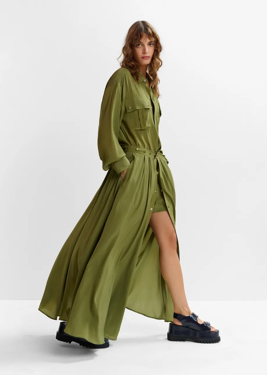 Olive green oversized playsuit with overlay maxi skirt