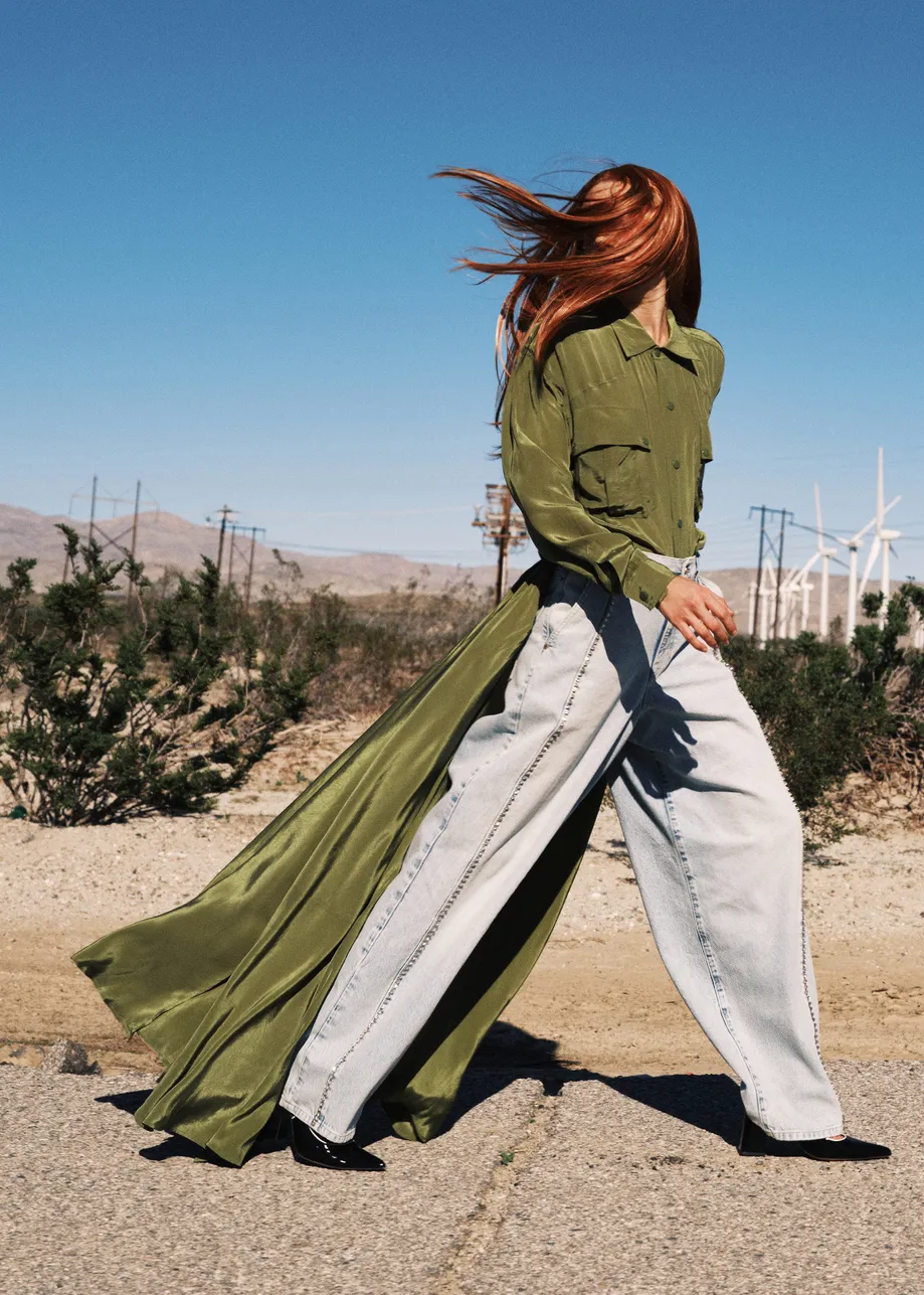 Olive green oversized playsuit with overlay maxi skirt
