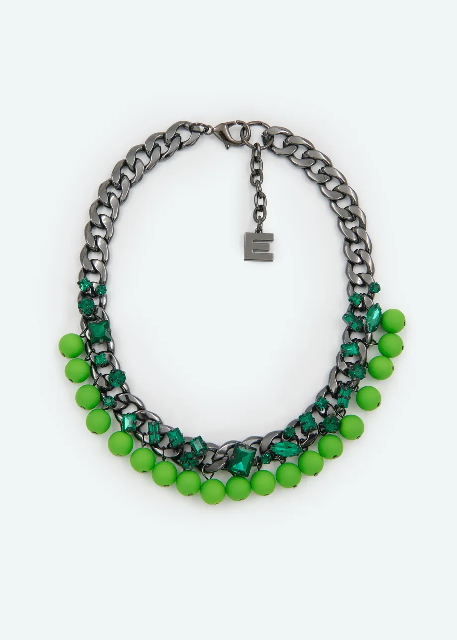 Groene en zilveren halsketting met kralen en stras