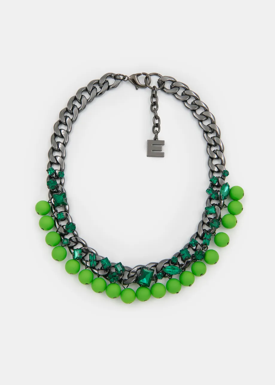 Collier en chaine à perles et strass vert et argenté