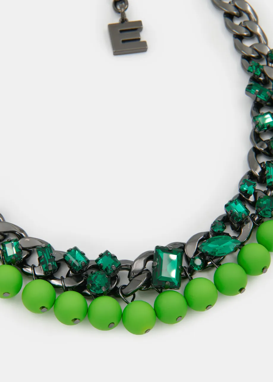 Collier en chaine à perles et strass vert et argenté