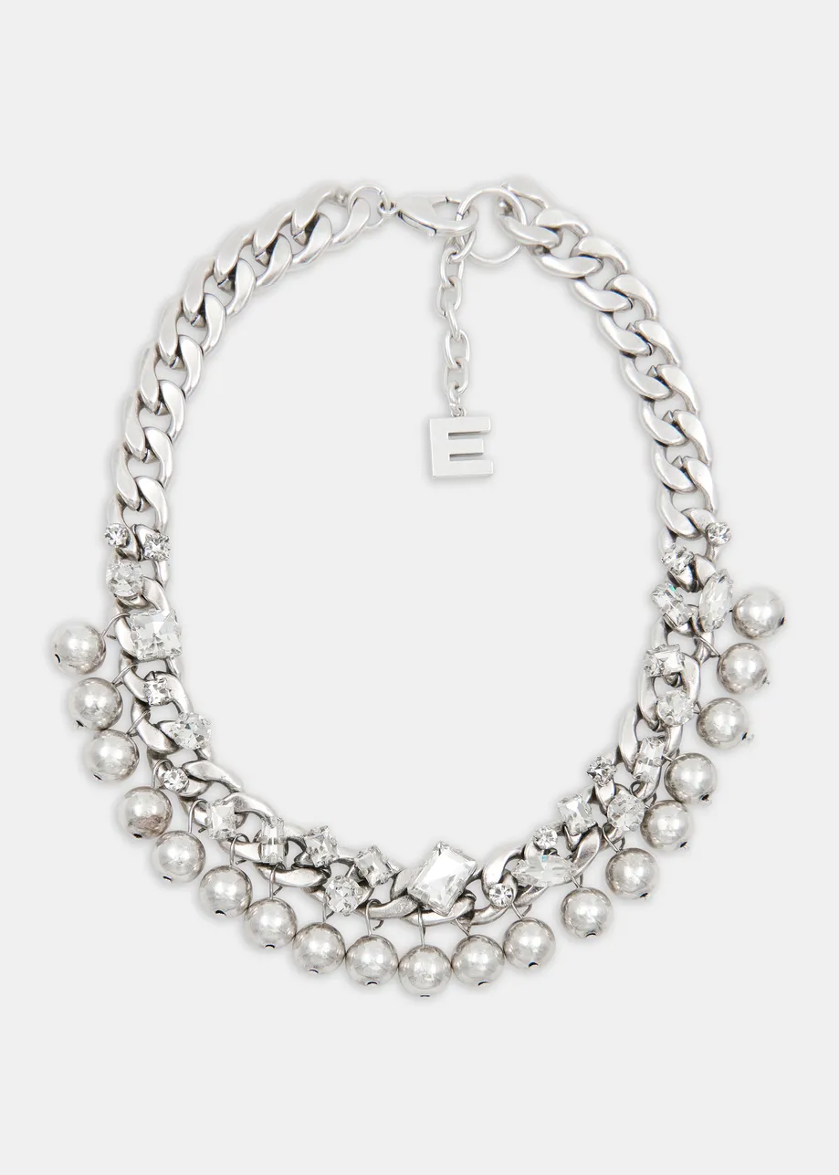 Silver chain necklace with bead and rhinestone embellishments