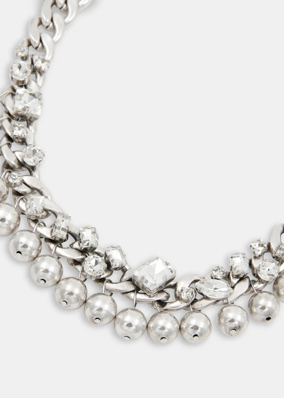 Collier en chaîne à perles et strass argenté