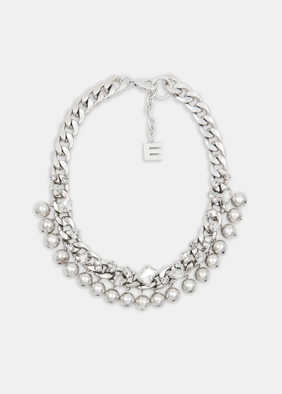 Collier en chaîne à perles et strass argenté