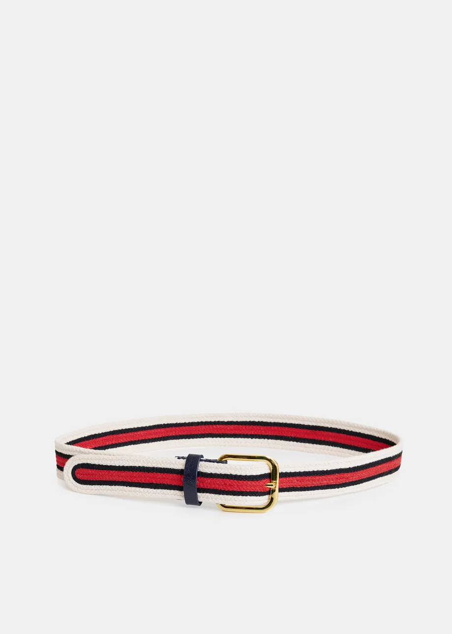Off-white, red and navy striped cotton belt with gold-tone buckle