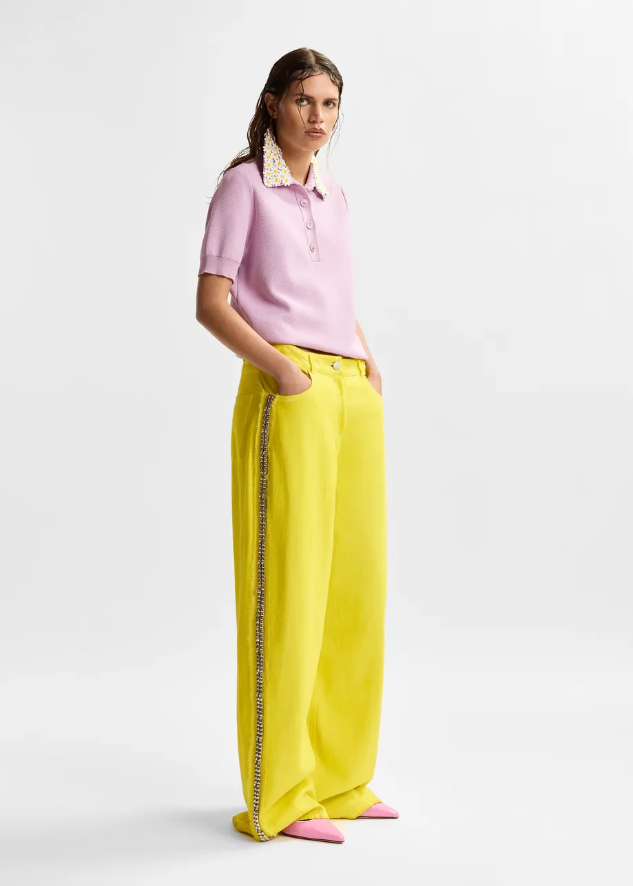Yellow high-rise wide-leg jeans with embellished side trims