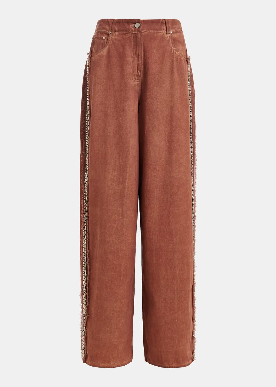 Terracotta high-rise wide-leg jeans with embellished side trims