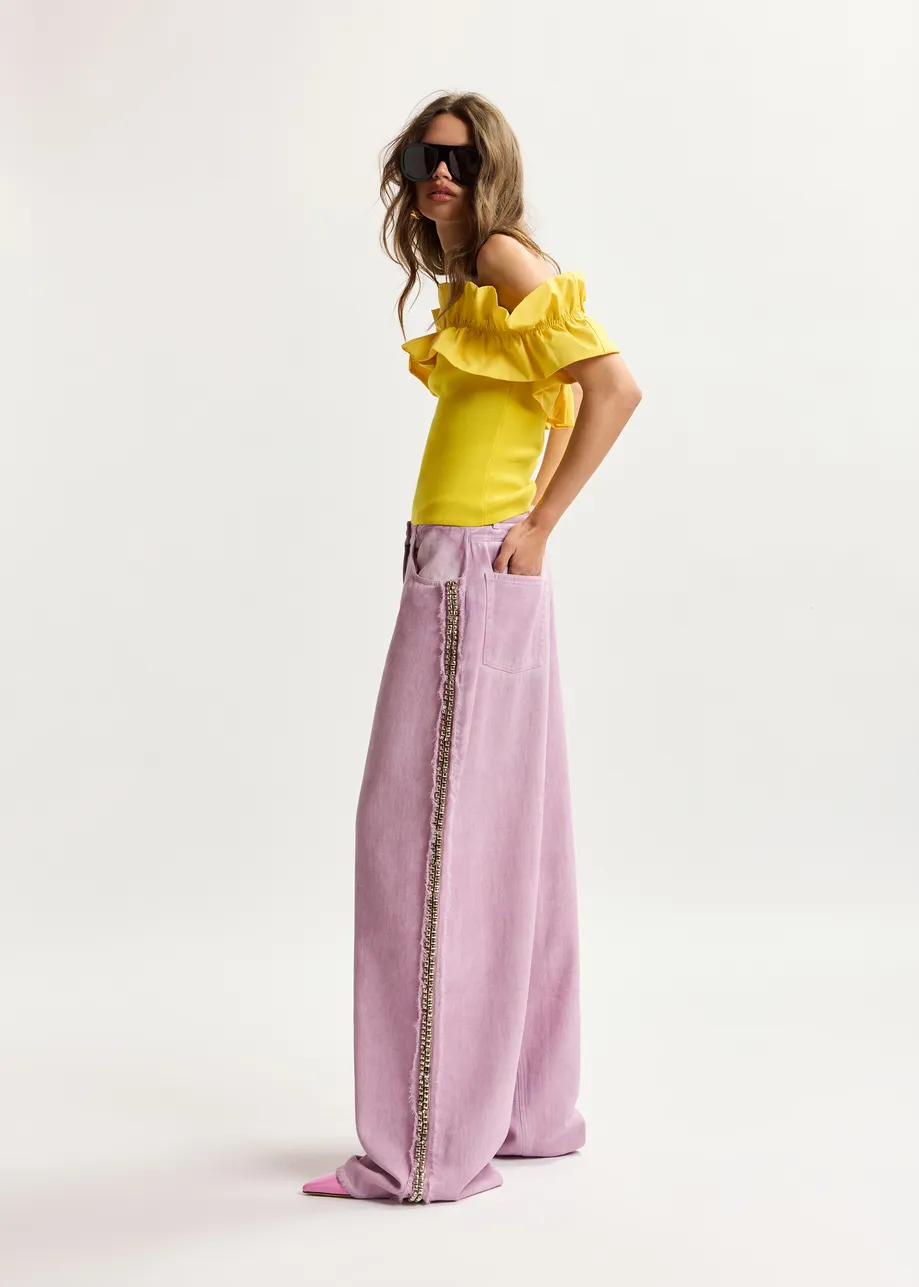 Purple high-rise wide-leg jeans with embellished side trims