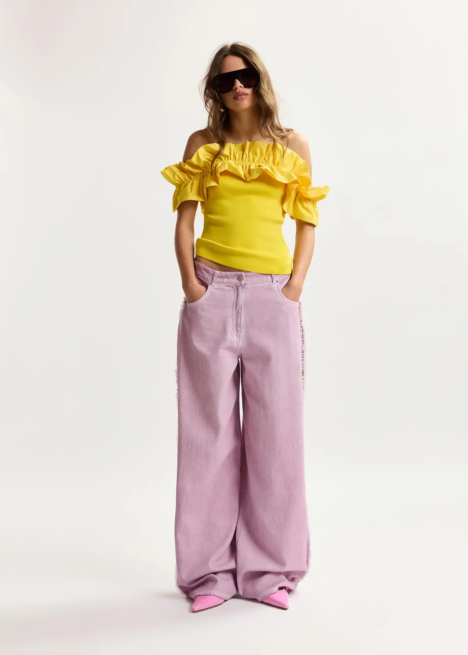Purple high-rise wide-leg jeans with embellished side trims