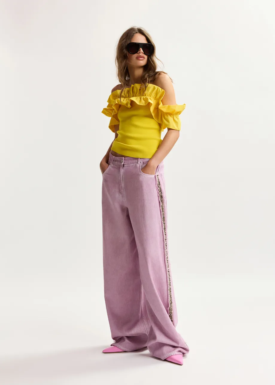 Purple high-rise wide-leg jeans with embellished side trims