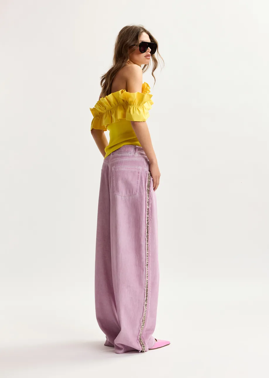 Purple high-rise wide-leg jeans with embellished side trims