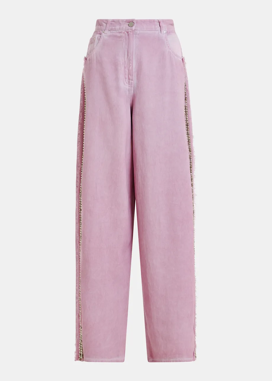 Jean large taille haute violet à ornements sur les côtés