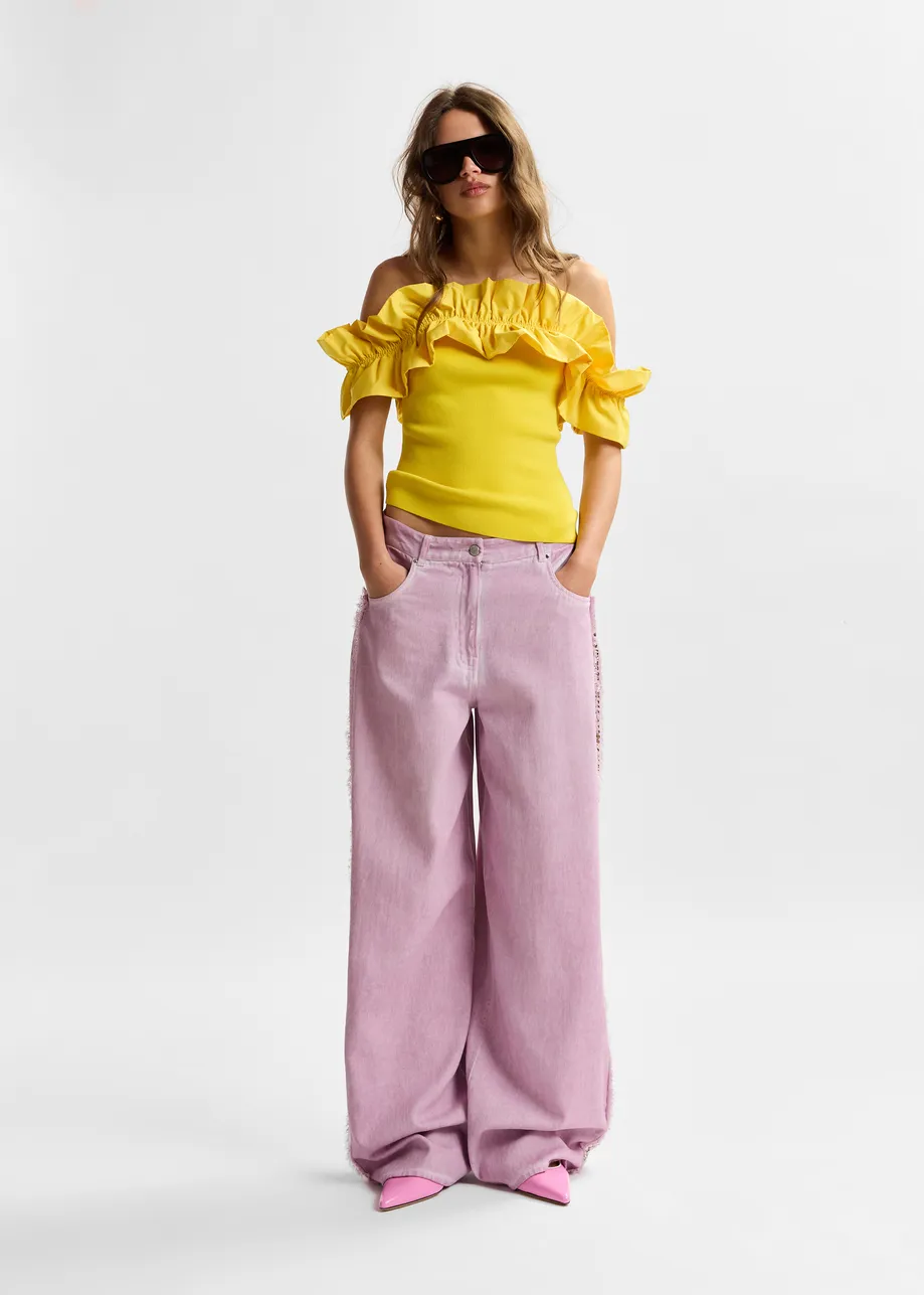 Purple high-rise wide-leg jeans with embellished side trims