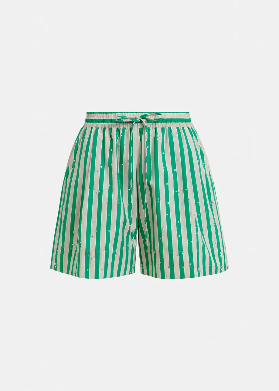 Green and cream striped shorts with rhinestone embellishments