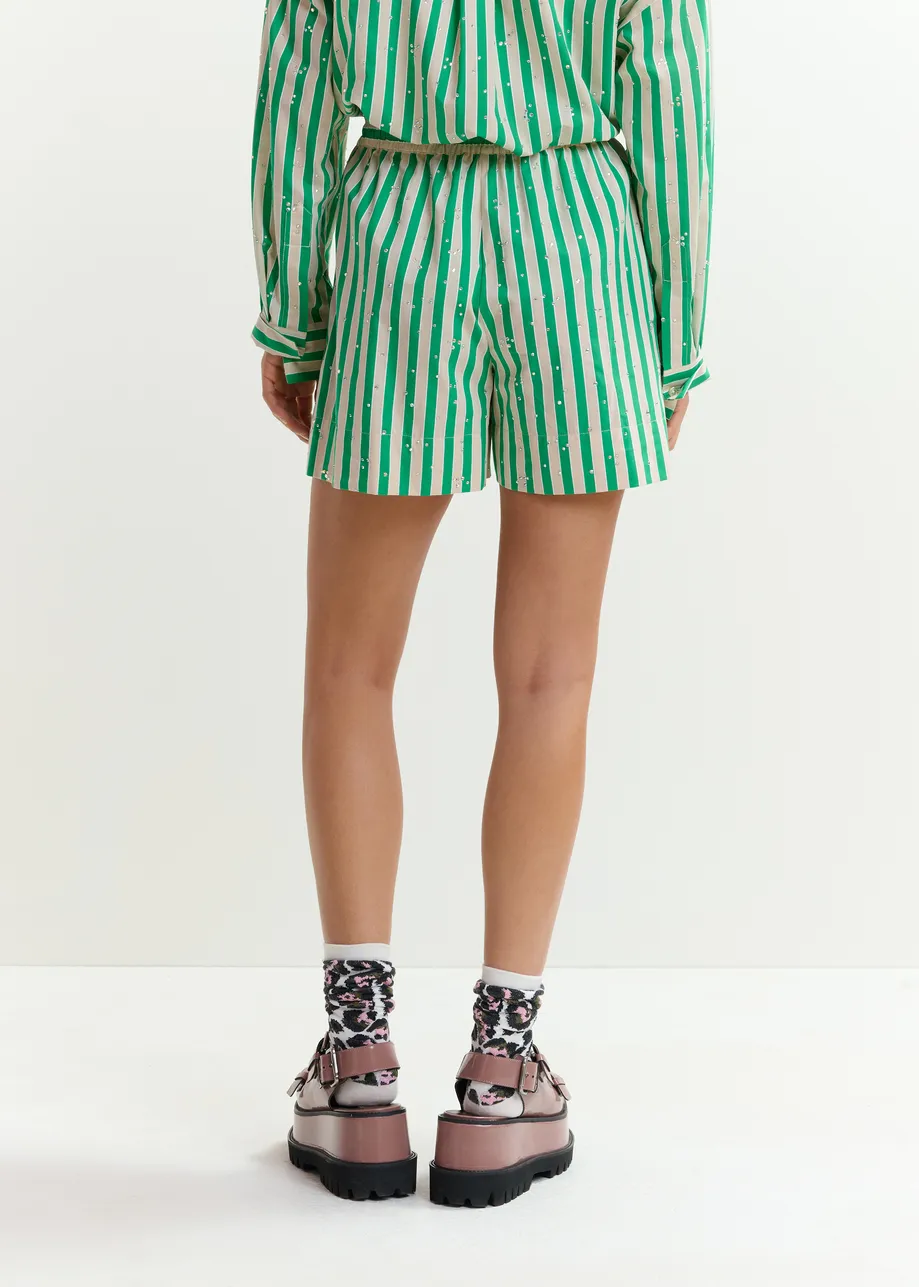 Green and cream striped shorts with rhinestone embellishments