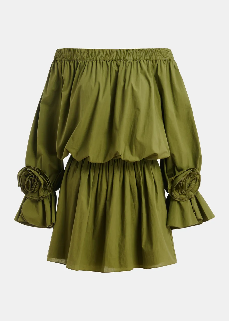 Mini abito verde in cotone senza spalline con dettagli a rosa