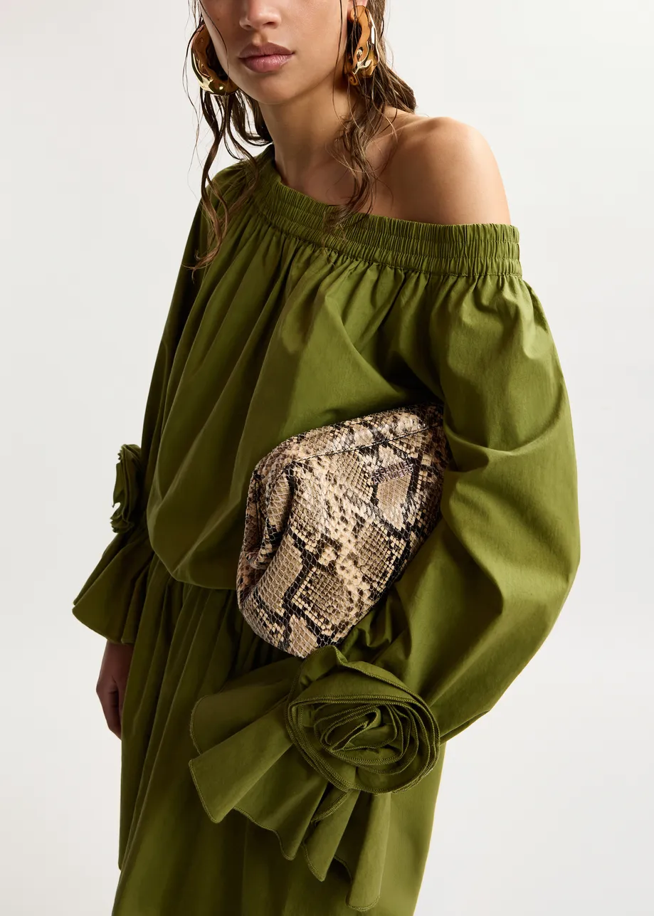 Mini abito verde in cotone senza spalline con dettagli a rosa