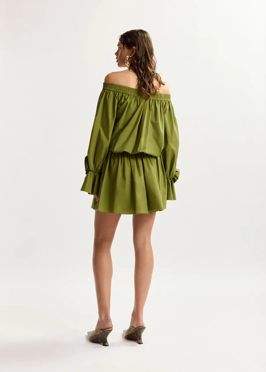 Mini abito verde in cotone senza spalline con dettagli a rosa