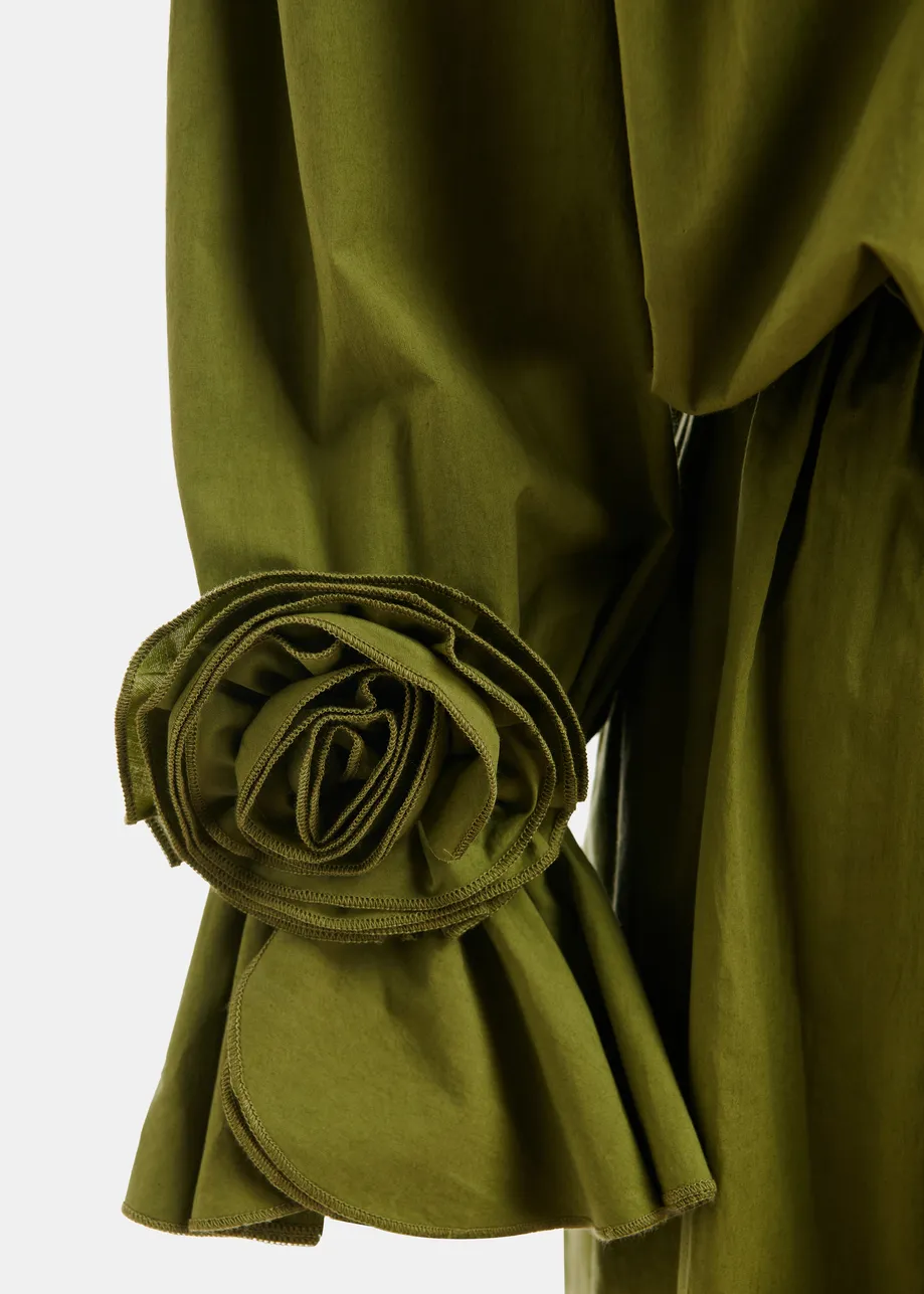 Mini abito verde in cotone senza spalline con dettagli a rosa