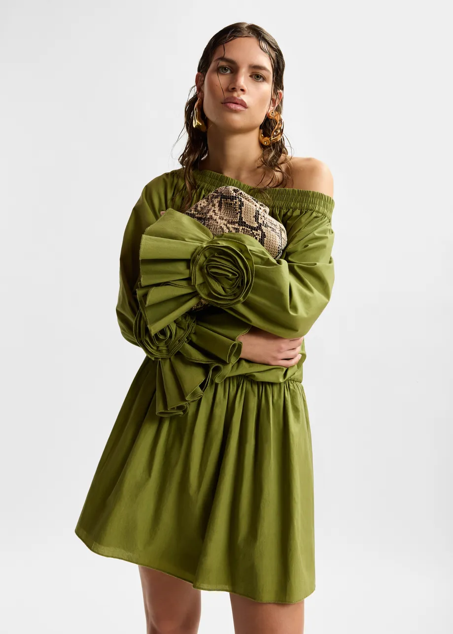 Green strapless cotton mini dress with rosette details