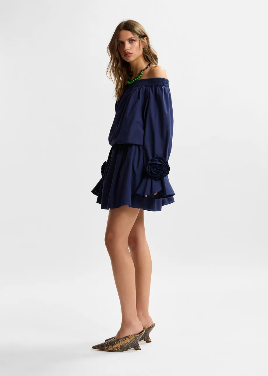 Navy strapless cotton mini dress with rosette details