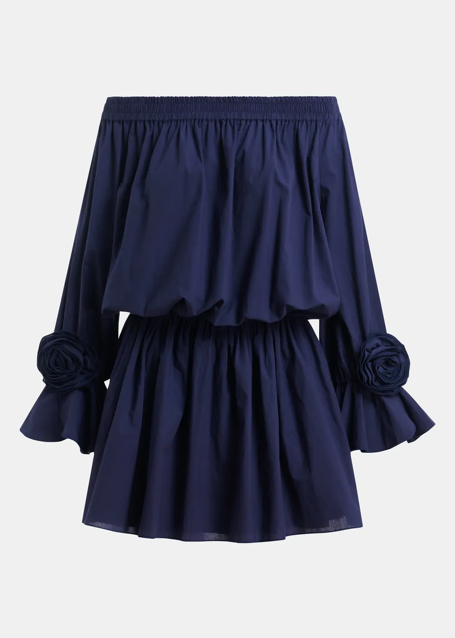 Marineblaues, trägerloses Baumwoll-Minikleid mit Rosetten-Details