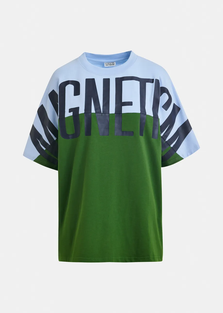 Lichtblauw en groen colorblock T-shirt met "Magnetism"-print