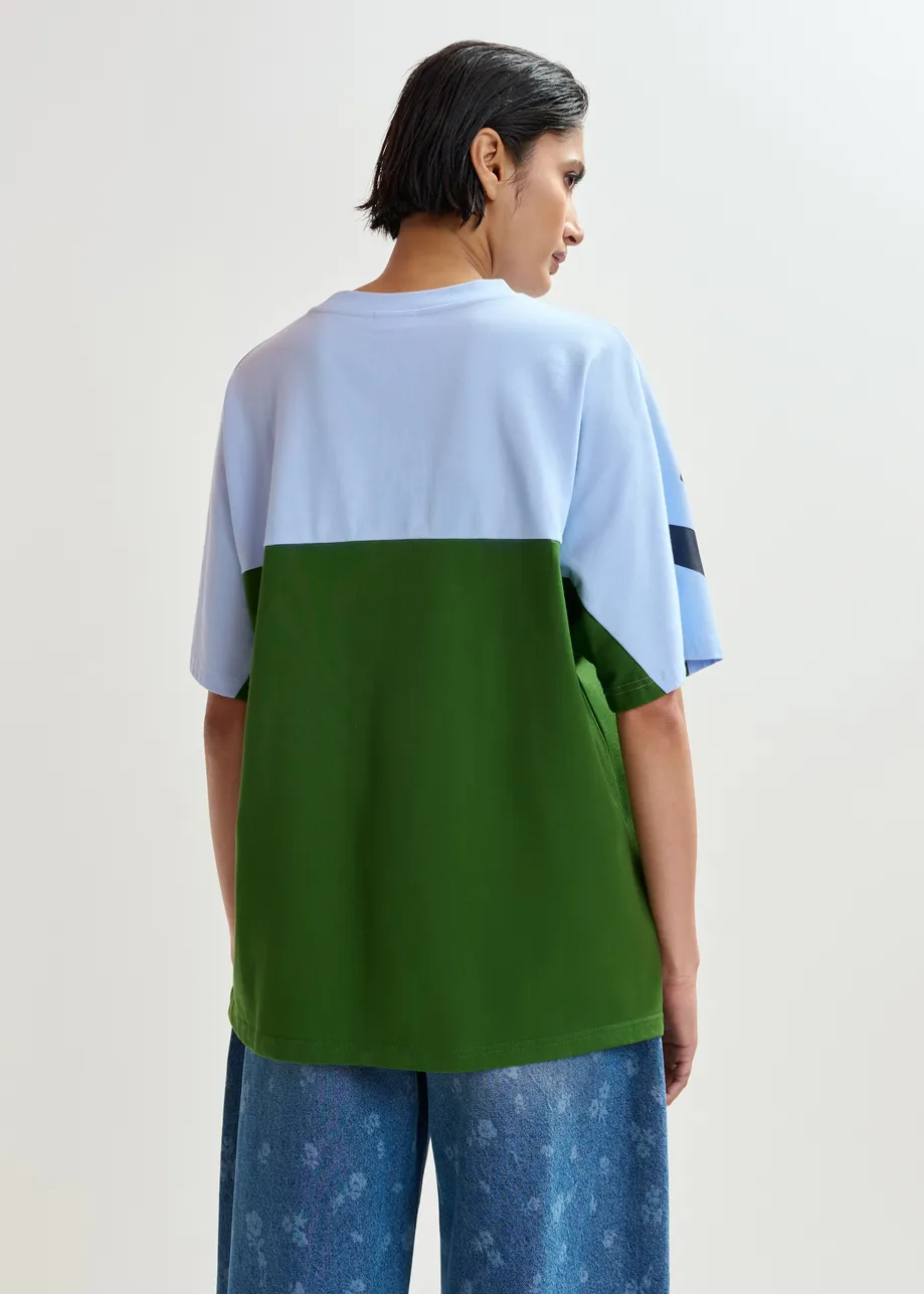 Lichtblauw en groen colorblock T-shirt met "Magnetism"-print