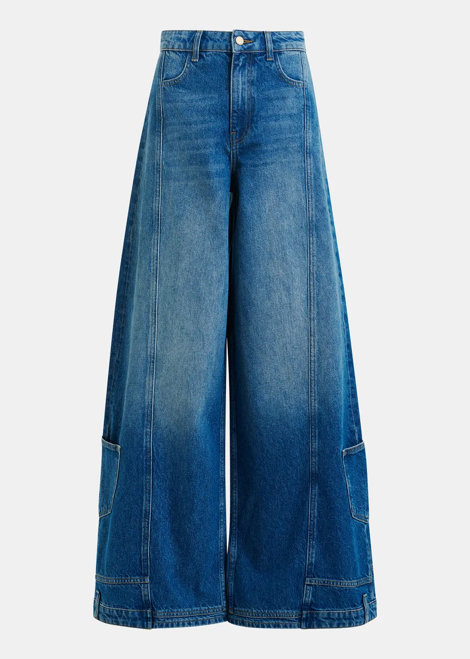 Blauwe katoenen jeans uit twee helften met uitlopende pijp 