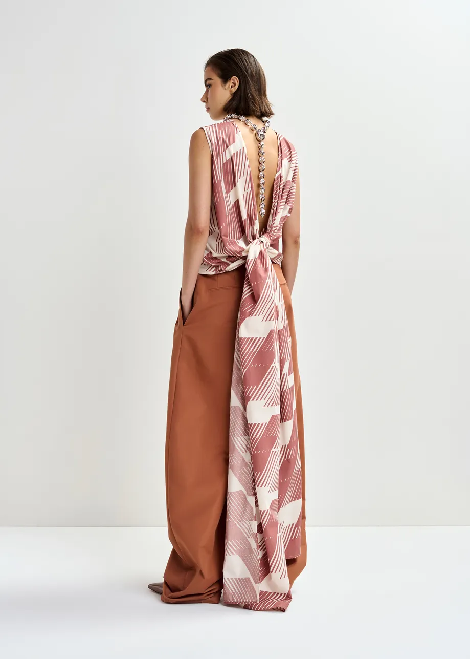 Top cruzado de algodón con lazo y espalda baja, blanco roto