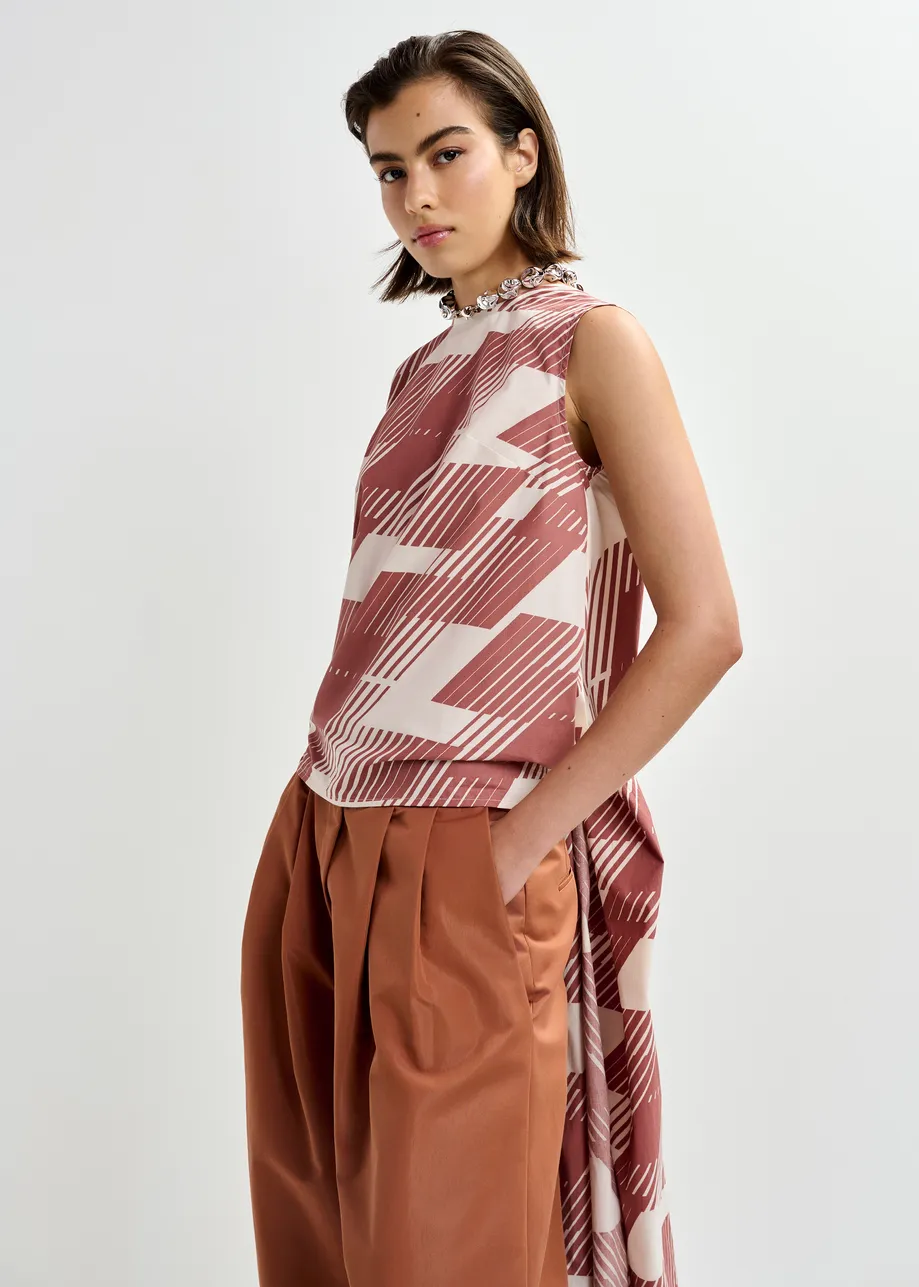 Top cruzado de algodón con lazo y espalda baja, blanco roto