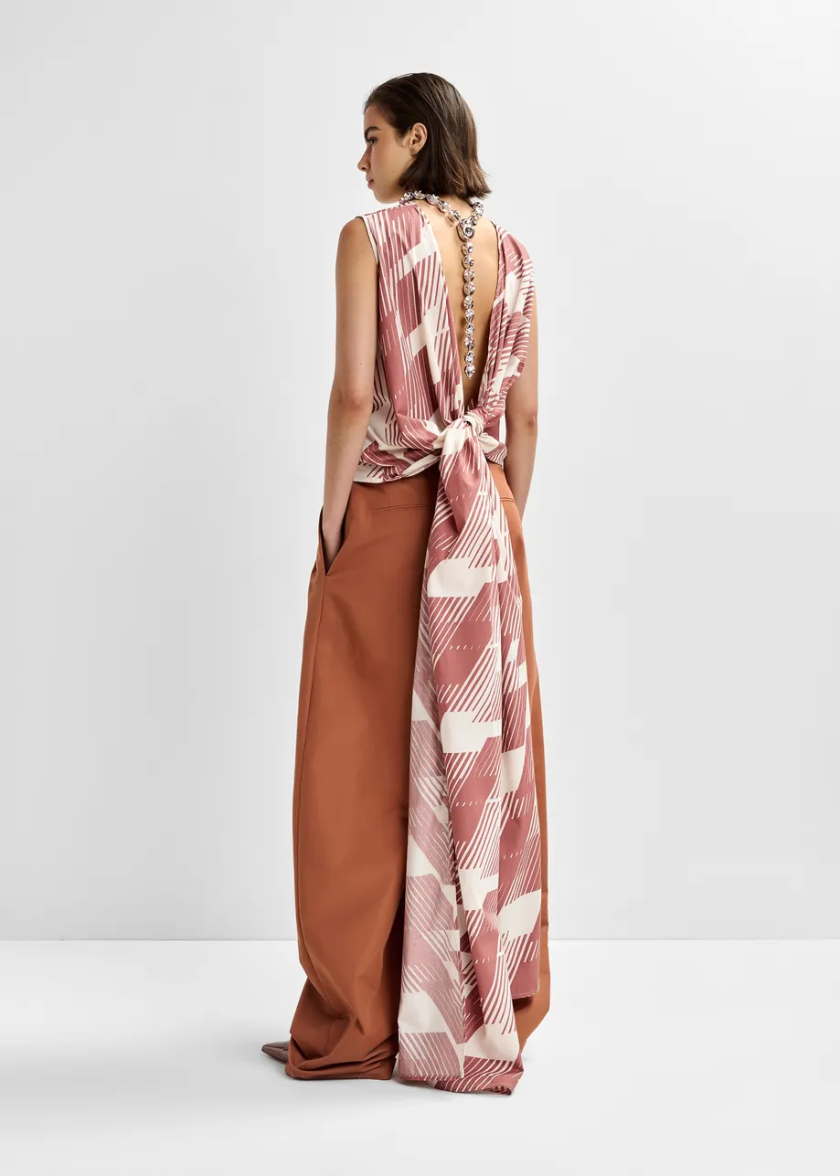 Brown and off-white cotton wrap tie top with low back