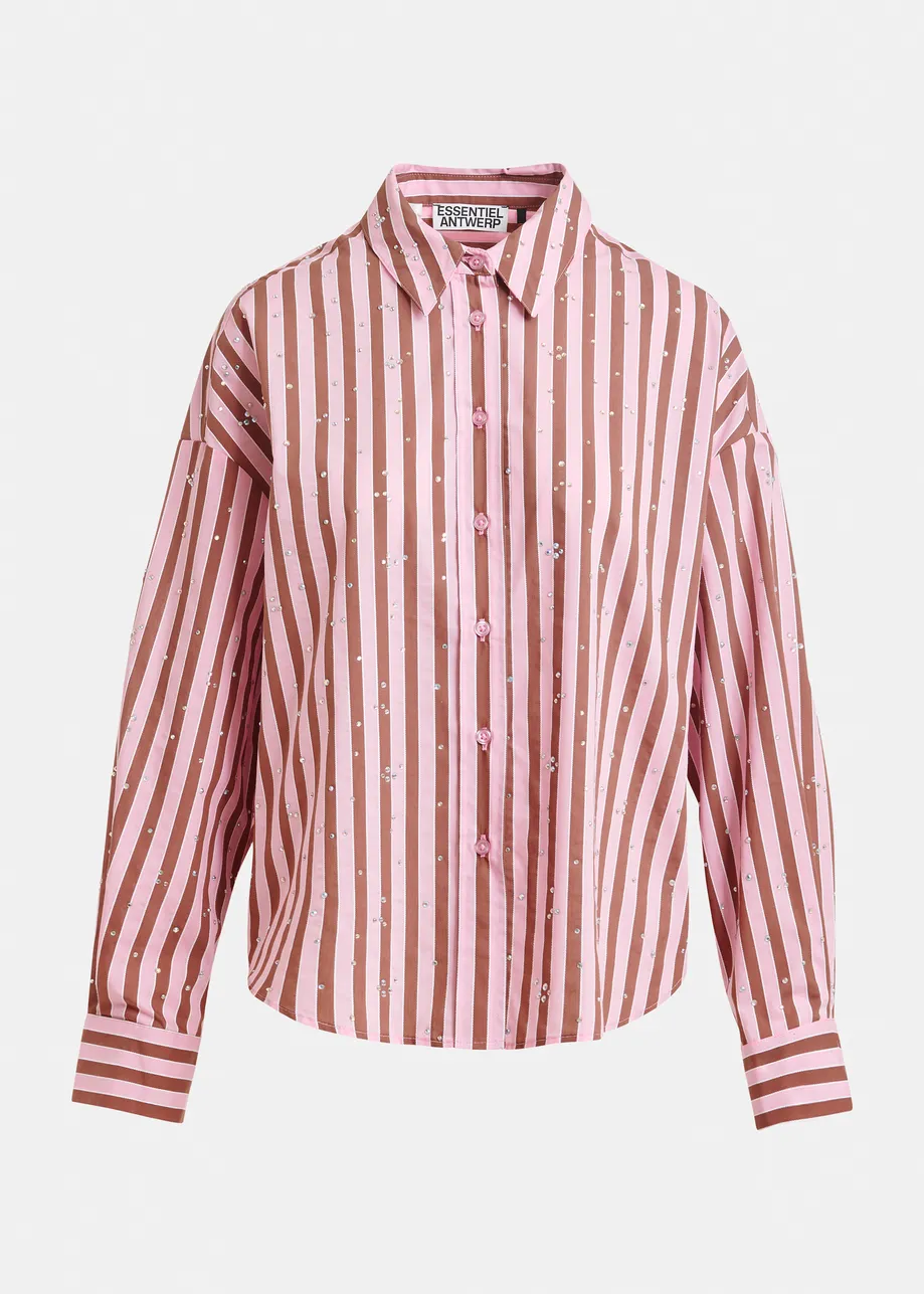 Brown and pink striped cotton-blend shirt with rhinestone embellishments